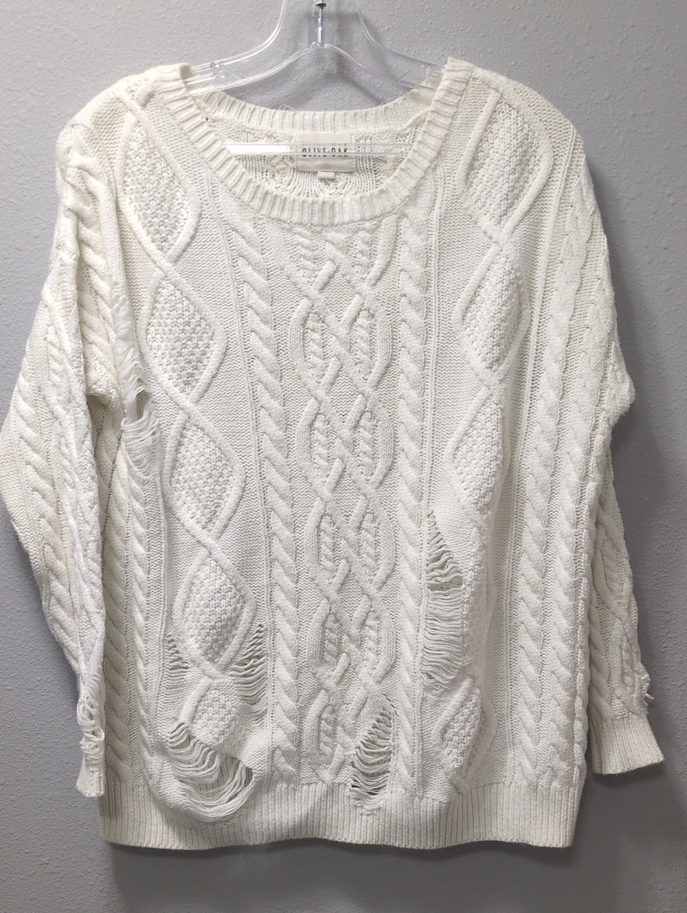 Olive & Oak Ivory Distressed Cable Crewneck Sweater